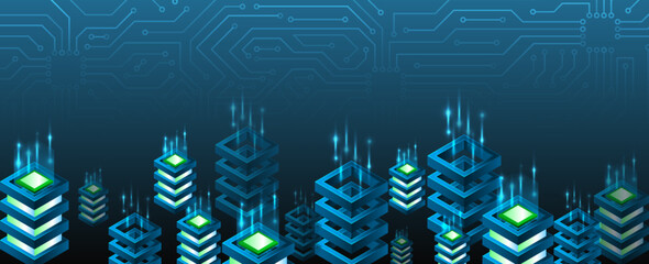 Fototapete - Cloud technology isometric background. Computer technology, server room, and equipment for internet networks. Data cloud storage technology. Database and data center vector illustration.