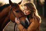 Fototapeta  - Vet kissing a horse outdoors at ranch.