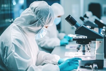 Poster - A team of biochemists working with a microscope