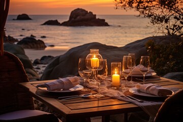 Poster - A table set for a romantic dinner on the beach
