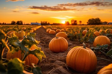 Poster - Pumpkin field at sunset