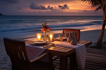Poster - A table set for a romantic dinner on the beach