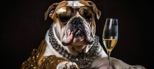 New Year's Eve, Sylvester, New Year Or Birthday Party Celebration Greeting Card - A Funny Bulldog Dog With Champagne Glass, Champagne Cheers During A Celebration, Isolated On Black Background