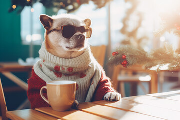 portrait of dog as a human sitting in coffee shop and enjoy in coffee time. abstract idea of animal 