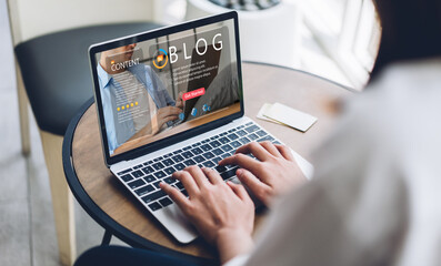 woman ues laptop computer with social media online content, freelance worker, working online, conten