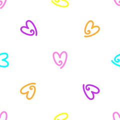 Wall Mural - Vector bright isolated illustration with multi color heart icons. Seamless pattern with hand drawn objects - symbol of love and romance. Background for gift paper on Happy Valentines day