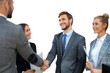© ty - Business partners handshaking over business objects on workplace on a transparent background