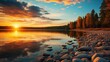 Sunset on the lake's coast. Landscape in nature. Nature in the north. Blue sky, reflection, and yellow sunlight. The scenery at sunset.