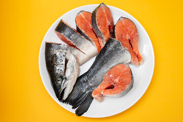 Sticker - fresh raw salmon cut on white plate