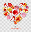 Holiday background with colorful gift boxes collected in a heart shape. Gift giving concept. Vector illustration.