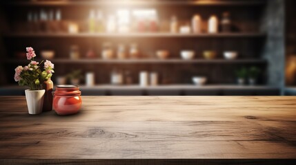 Wall Mural - Empty wooden table and blurred background, light shining in the morning in the kitchen interior.