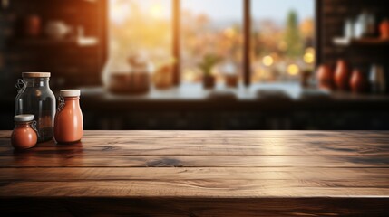 Wall Mural - Empty wooden table and blurred background, light shining in the morning in the kitchen interior.