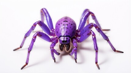 Purple spider isolated on white, macro close up of a blue violet spider with lengthy legs, horror, 