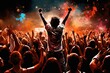Crowd of people with raised hands at a live music festival, cheering crowd at a rock concert, AI Generated