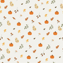 Vector Colorful Autumn Natural Seamless Pattern With Fall Leaves, Fruits, Pumpkins And Leafs. Seamless Background. November.