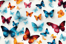 Seamless Pattern Of Flying Butterflies Blue, Yellow And Brown Colors. Vector Illustration In Vintage Style On White Background.