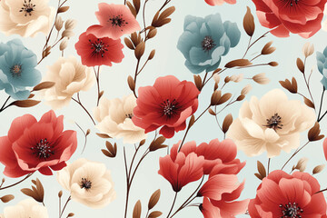 Wall Mural - Seamless flower pattern For the design of the wallpaper or fabric, vintage style. Blooming flower painting for summer. Drawing of a branch with leaves and floral. Poppies orange.