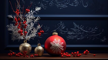 Wall Mural -  three christmas ornaments sitting on a table next to a christmas tree.  generative ai