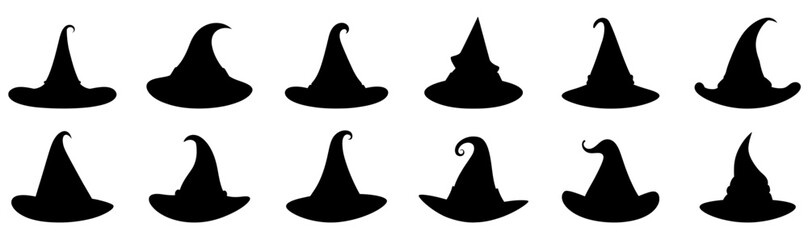 Wall Mural - Witch hat icon isolated. Set of Halloween witches hat in flat style. Black witch hat sign. Vector illustration