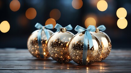 Wall Mural - Shiny golden Christmas gift box and ball on wooden table in front of bokeh effect background. Christmas surprise on a festive glitter bokeh background. Concept of Christmas and New Year holidays.