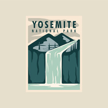 Yosemite National Park Poster Vector Illustration Template Graphic Design. Waterfall In Nature With Mountain Landscaped Banner And Sign For Travel And Tourism Business Concept