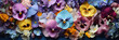 Panoramic blue purple Pansies violets blooms, banner