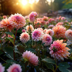 Canvas Print - Pink Dahlia blossoms with rain drops in autumn garden sunset 