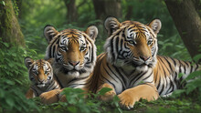 A Close Up Picture Of A Family Of Bengal Tigers Consisting Of Male, Female And A Cub In Fine Detail Relaxing In The Forests In India..