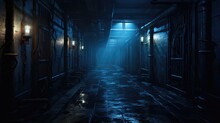 Background Of Creepy Interior Hallway Or Tunnel Of An Abandoned Building, Concept Art, Digital Illustration, Haunted House, Scary Interior