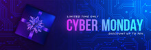 Cyber Monday Banner With Realistic Gift Box And Foil Bow. Sale Design On Tech Blue Circuit Board Background.