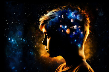 Wall Mural - silhouette of boy with various planets like concept of astrology, horoscope, zodiac and kids, concept of dreams and power of mind