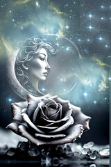 Wall Mural - Poetic romantic luna - or Moon - with silver rose and nebula like artistic concept of esoteric magic  half Moon and Lunar astrology