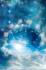 Wall Mural - zodiac signs with star constellations and a blue planet like astrology concept and astrological background with copy space