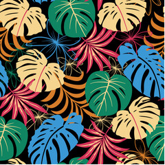 Wall Mural - Abstract seamless tropical pattern with bright plants and leaves on a black background. Exotic tropics. Summer. Beautiful print with hand drawn exotic plants.