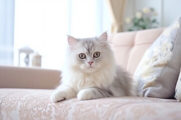 Close up of domestic cat lying on the sofa in the livingroom. Cat relax on the bed at home. Soft pastel colors image