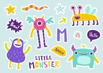 Wall Mural - set of cute doodle monster stickers. vector collection of funny monsters for kids. bright cartoon be