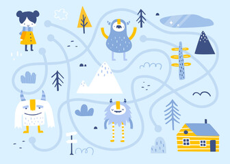 Wall Mural - mini winter labyrinth game with cute baby searching for home and yeti. nordic doodle vector maze for