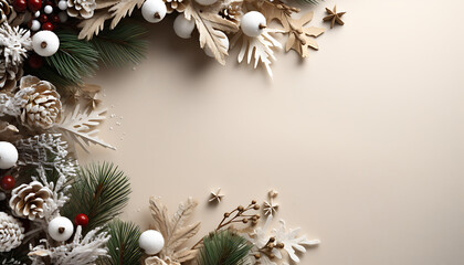 Wall Mural - christmas background with fir branches and cones with empty space for text.  Snow Fir tree branches, pine cones, golden stars, and on a table. Top view with copy space.