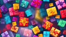  A Lot Of Colorful Wrapped Presents On A Blue Background With A Red Bow.  Generative Ai