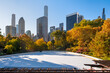 Skating rink in Central Park in autumn with Fifth Avenue skyscrapers. Upper East Side, Manhattan, New York City