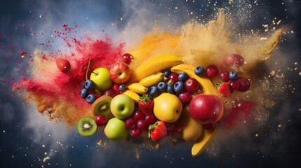 Wall Mural - a mixture of fruit and powdered sugar on a blue background. generative ai