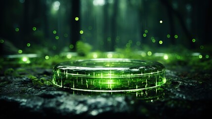 Wall Mural - a glowing object in the middle of a forest with trees in the background. generative ai