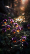 An enchanting photography shot capturing vibrant violets and lavender flowers blooming gracefully in the warm sunlight. 