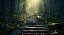 Road And Stone Stairs In Magical And Mysterious Dark Forest