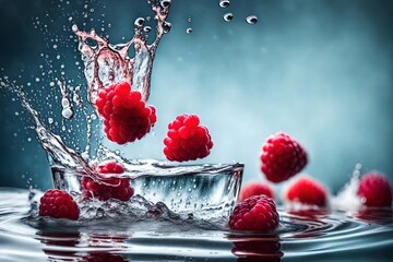 Sticker - single Strawberry falls deeply under water with a big splash. Fruit sinking in clear water on white background. Antioxidant concept, drop, wet, lebel, beverage, red, fresh, food,