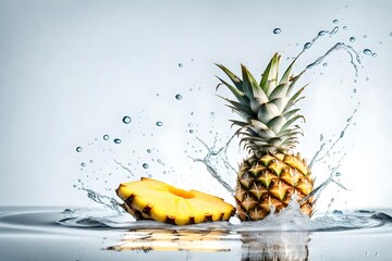 Sticker - Fresh single  ripe pineapple fruit in water splash on white backround