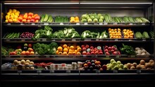 Chilled Fruits And Vegetables Displayed On A Supermarket Shelf