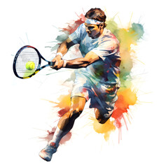 tennis player with racket in action, watercolor.