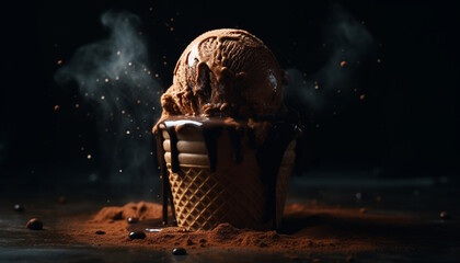 Wall Mural - Melting chocolate ball on homemade ice cream cone, a sweet indulgence generated by AI