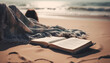Reading Bible on sandy beach at sunset generated by AI